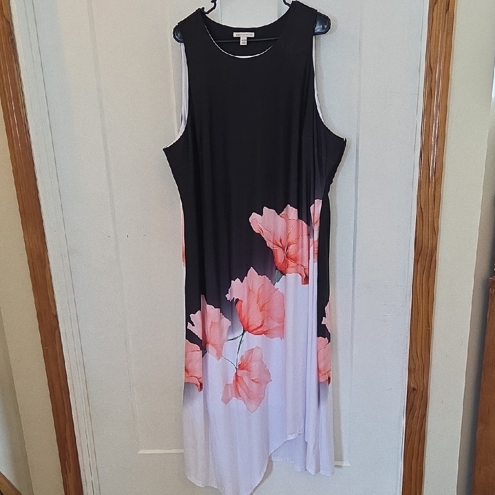 Cato Asymmetrical Dress with Black and Pink Floral Design